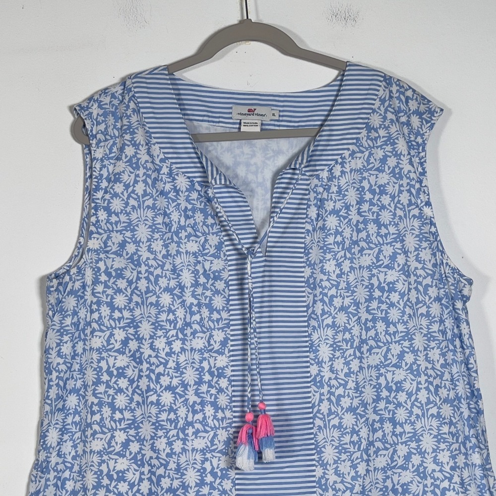 Vineyard Vines Otomi Sleeveless Tunic Dress Womens Sz XL Blue Floral Stripe - Picture 7 of 12